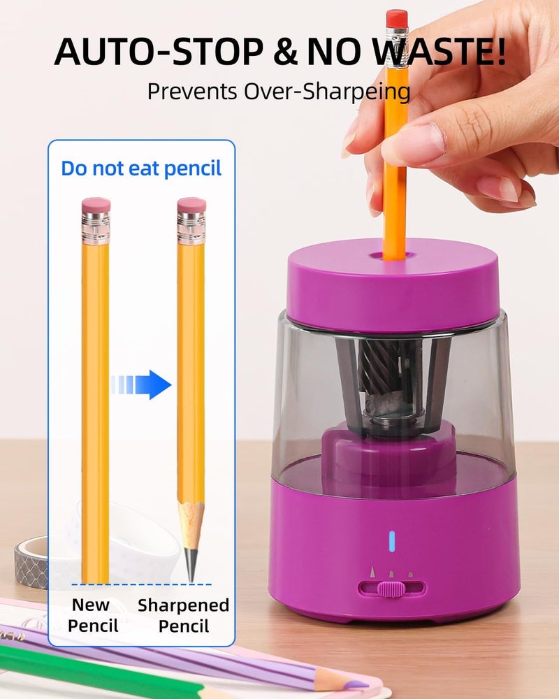 Zmol Electric Rechargeable Pencil Sharpener, Automatic Pencil Sharpeners Kids, Battery Pencil Sharpeners for Colored Pencils, Auto Stop, Suitable for No.2(6-8mm), School/Home Pink - Image 4